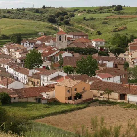 Panorámica del casco urbano entre campos verdes