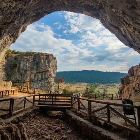 Mirador rocoso desde el interior de una cueva hacia un valle abierto