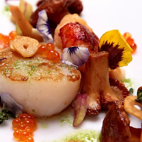 Vieira a la plancha con setas y huevas