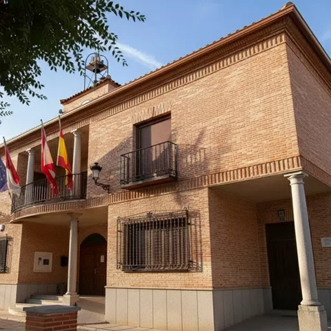 Toma en ángulo de un edificio de ladrillo de dos plantas con múltiples balcones con barandillas de hierro, columnas que sostienen el segundo piso y banderas ondeando.