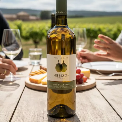 Botella de vino blanco en mesa al aire libre frente a viñedos.