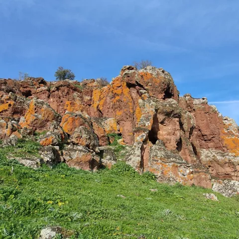 Pared rocosa rojiza con formas erosionadas