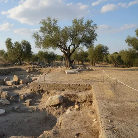 Área excavada con muros bajos de piedra y árboles dispersos alrededor.