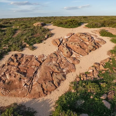 Formación rocosa con grabados rodeada de vegetación baja y caminos de arena.