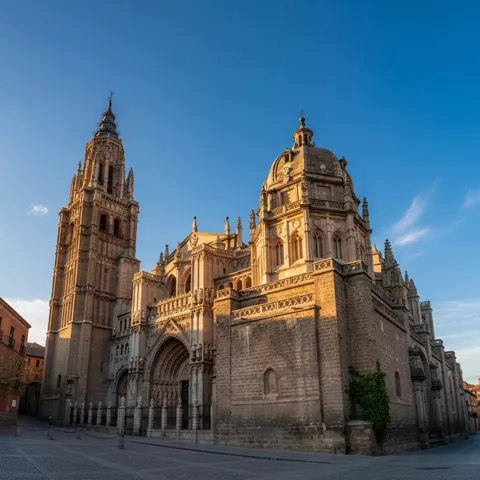 Gran catedral gótica de piedra con una torre alta y una cúpula detallada, destacando por sus relieves esculpidos y arcos apuntados bajo la luz del atardecer.