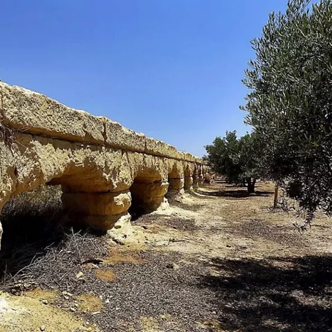 Detalle de pilares y arcos de piedra en un camino de tierra.