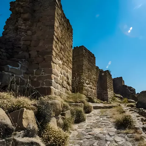 Camino empedrado junto a muros en ruinas