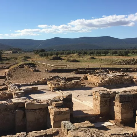 Ruinas de piedra en llanura con montañas al fondo