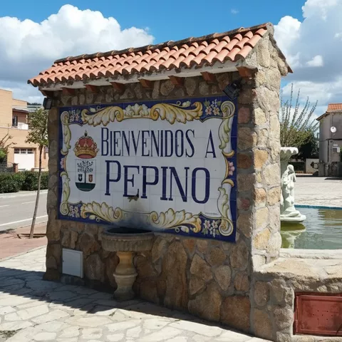 Cartel cerámico de bienvenida con fuente y plaza