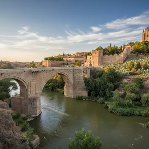 Puente de arco sobre un río con murallas y edificios históricos en la ladera.