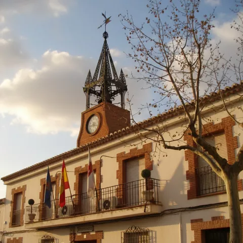 Ayuntamiento blanco con reloj, banderas y balcón