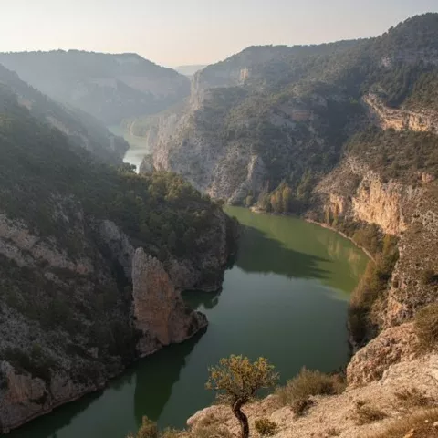 Cañón fluvial con paredes rocosas y agua verde