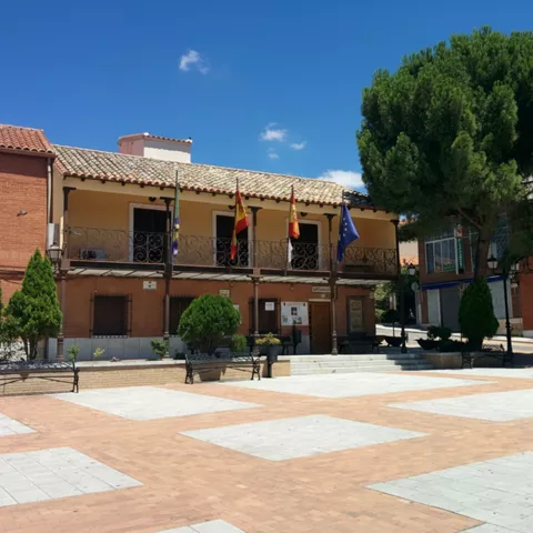 Plaza urbana con edificio municipal y zonas ajardinadas