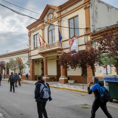 Fachada consistorial con senderistas en la calle
