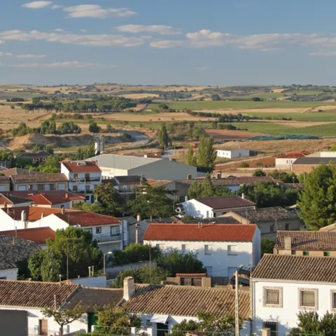 Vista general del pueblo entre campos y tejados