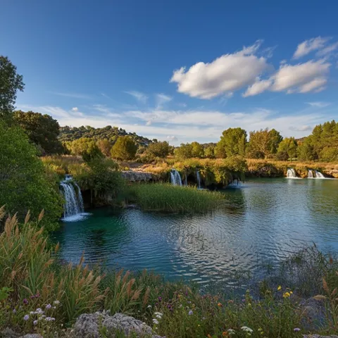 Paisaje natural con cascadas, vegetación y una laguna de agua clara.