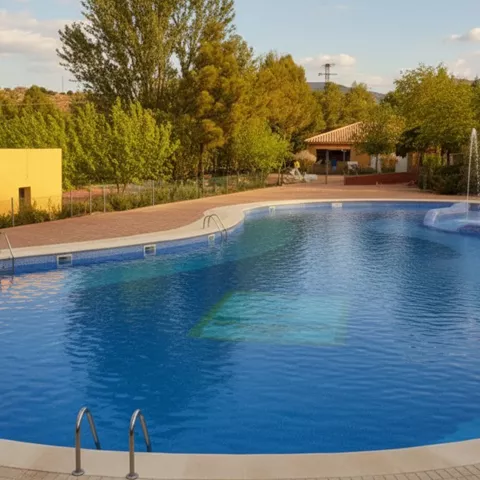 Piscina exterior curva con escaleras metálicas, rodeada de árboles y zonas ajardinadas.
