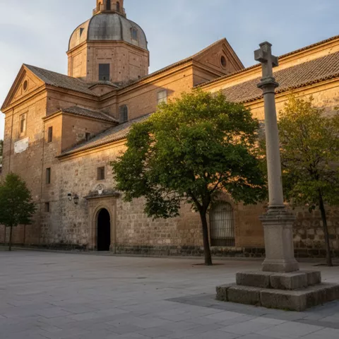 Fachada lateral de templo con cúpula, con plaza vacía y cruz de piedra en primer plano.