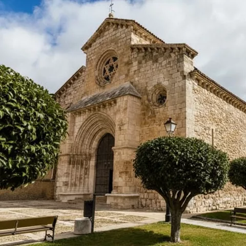 Iglesia de piedra con portada románica y árboles recortados en la plaza.
