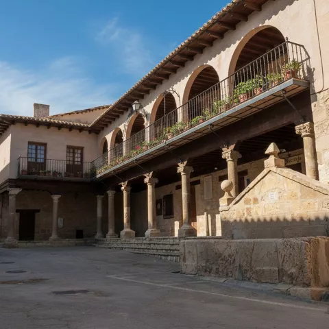 Arquitectura tradicional con balcones y soportales de piedra