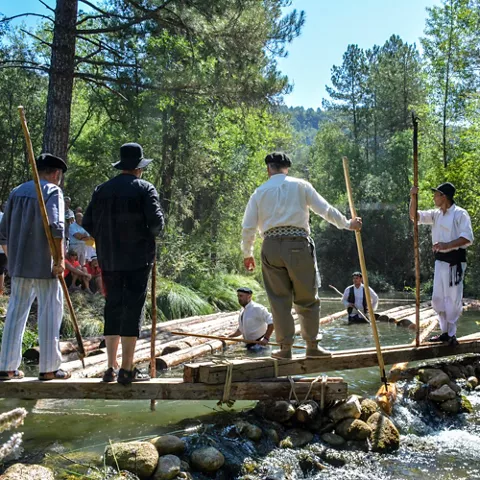 Balsa de troncos cruzando un río.