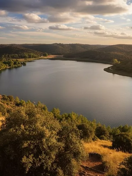 Embalse cercano a Carrizosa rodeado de vegetación y paisaje natural al atardecer.
