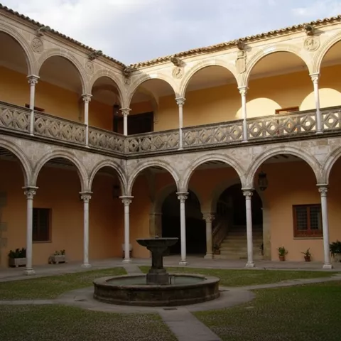 Claustro interior con columnas, galerías y fuente circular