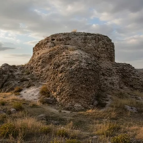Muros derruidos entre pastos y cielo nublado.