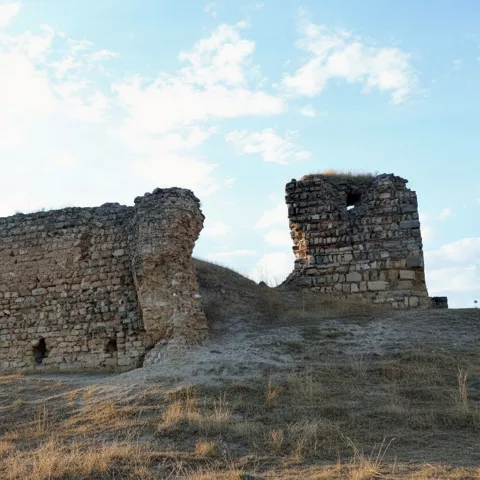 Muro antiguo y torre aislada en terreno árido.