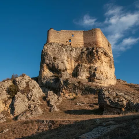 Fortaleza de piedra sobre un peñasco rocoso al atardecer.