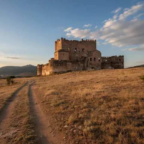 Fortaleza en la distancia, en un claro al pie de una ladera cubierta de vegetación.
