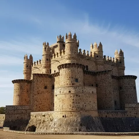 Fortaleza de piedra con torre del homenaje y murallas circulares.