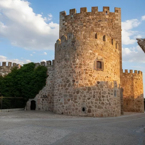 Castillo de piedra con torre cuadrada y almenas bajo cielo azul.