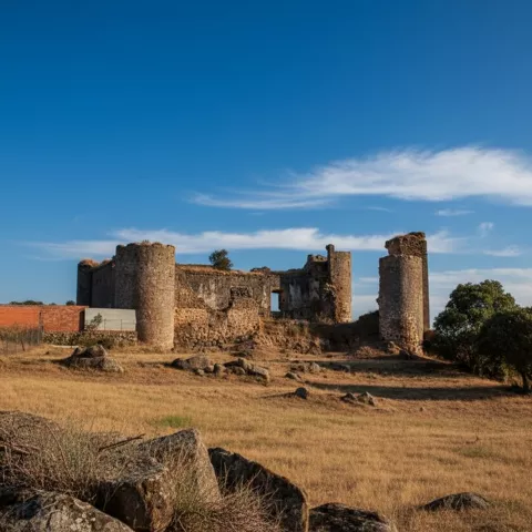 Castillo en ruinas en paisaje rural con rocas en primer plano y cielo azul intenso.
