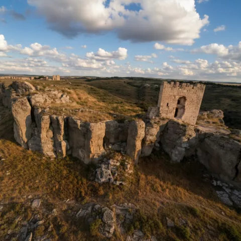 Restos de murallas sobre acantilado con amplias llanuras al fondo.