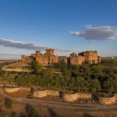 Vista aérea de complejo fortificado sobre colina con murallas y arbolado.