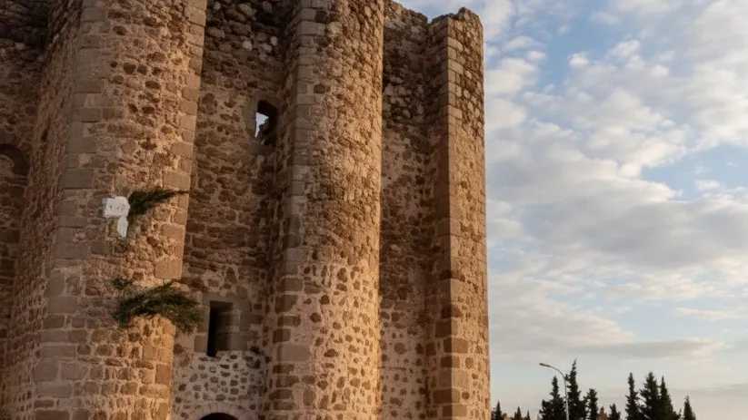 Fachada de construcción defensiva con acceso en arco.
