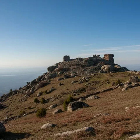 Restos de murallas sobre terreno rocoso con horizonte lejano.
