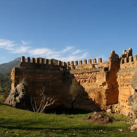 Muralla de castillo en ruinas sobre una ladera verde, con montañas al fondo.