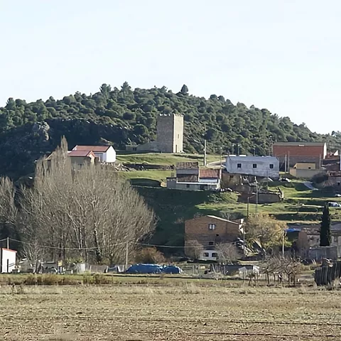 Torre medieval en colina sobre el pueblo.