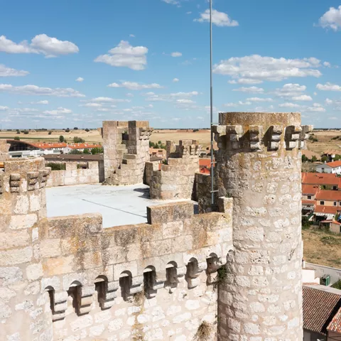 Torres almenadas sobre tejados rojizos.