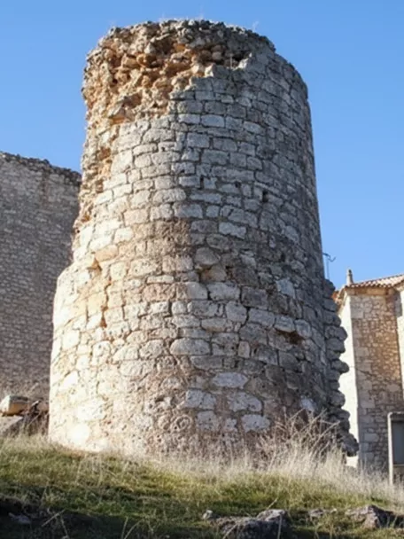 Detalle de torre cilíndrica junto a edificio de piedra.