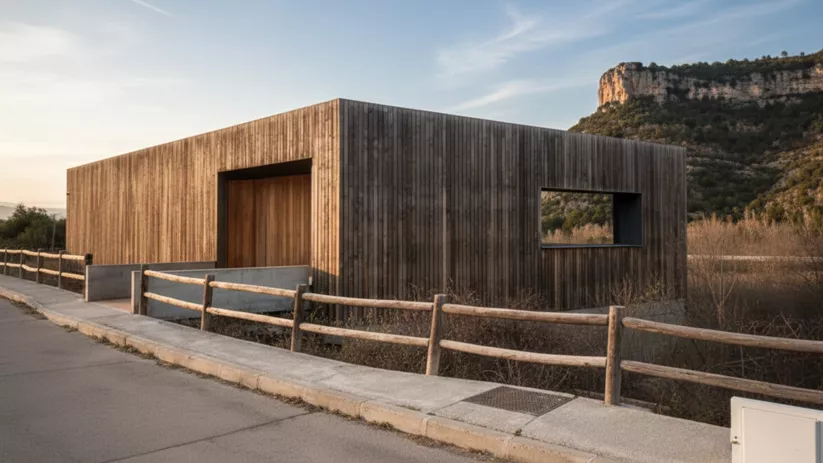 Construcción de madera junto a sendero natural.