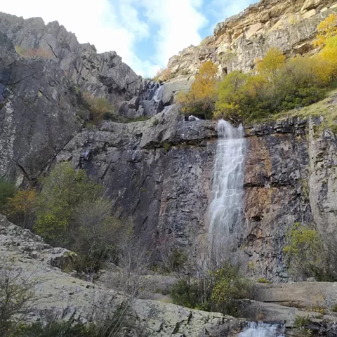 Cascada vertical sobre pared de roca oscura.