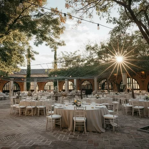 Patio para banquete con mesas redondas, árboles y luz de atardecer.