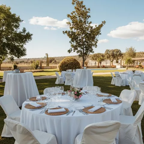 Mesas preparadas para evento al aire libre en el jardín