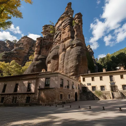 Formaciones rocosas verticales junto a edificio tradicional
