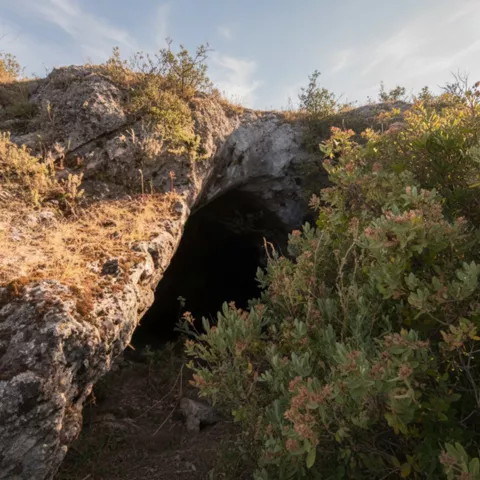 Boca de cueva entre matorral