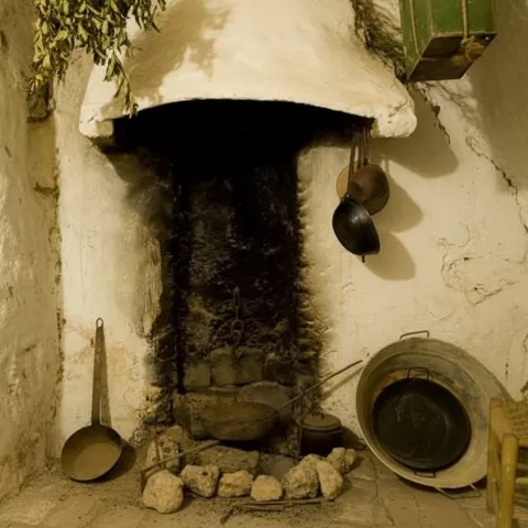 Cocina tradicional con chimenea y utensilios antiguos.