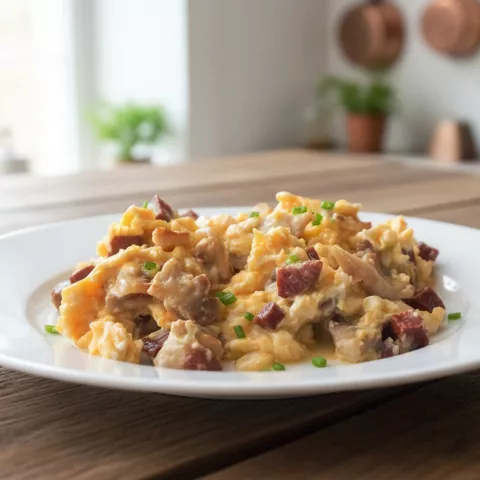Plato cremoso de revuelto con carne y huevo en mesa de cocina